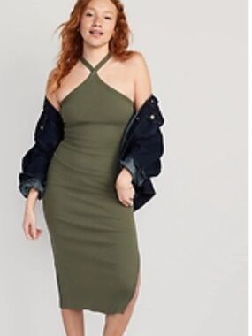 Old Navy Olive Cross-Strap Ribbed Midi Dress